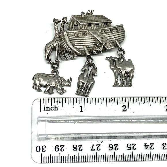 "JJ" Jonette Jewelry Silver Pewter 'NOAH'S ARK ~ Animal Charms' Pin Brooch Vtg - Picture 11 of 11